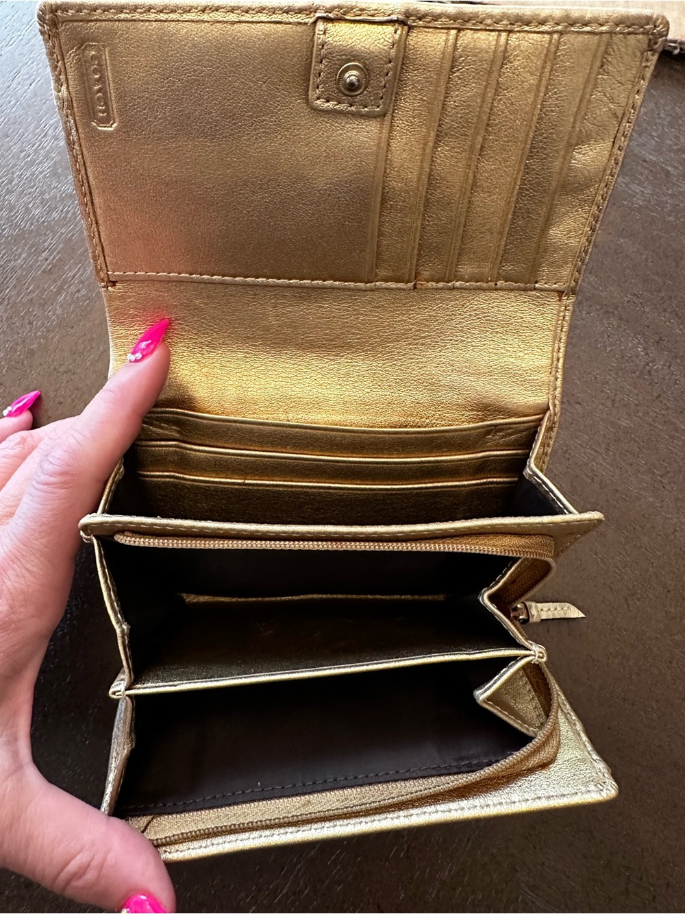 Coach Horse and Carriage fabric and metallic gold leather trim trifold wallet - Picture 10 of 16